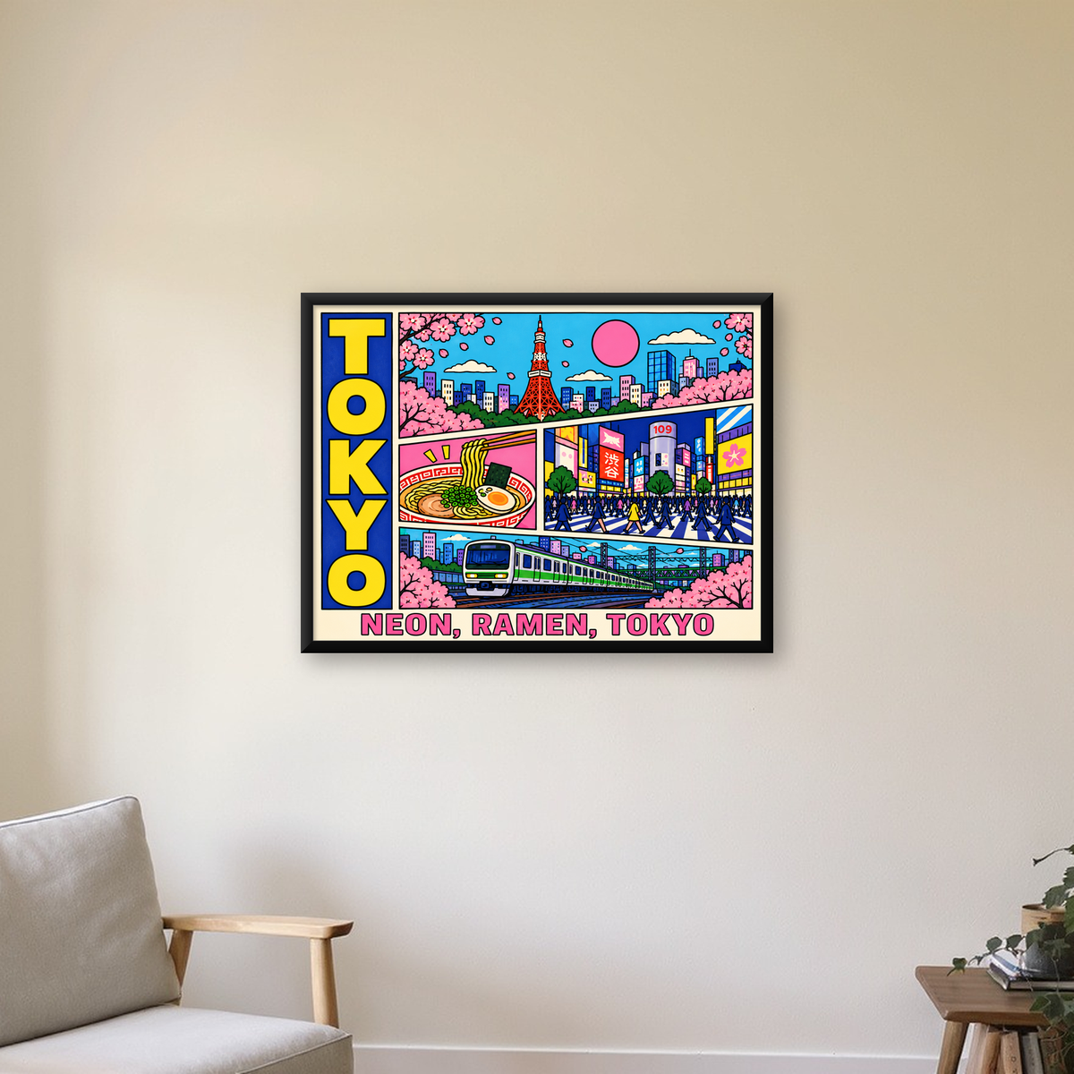 Renkli Tokyo Şehir Manzarası Çizgi Roman Poster — Yatay baskı, çerçeveli hâliyle bir ev duvarında