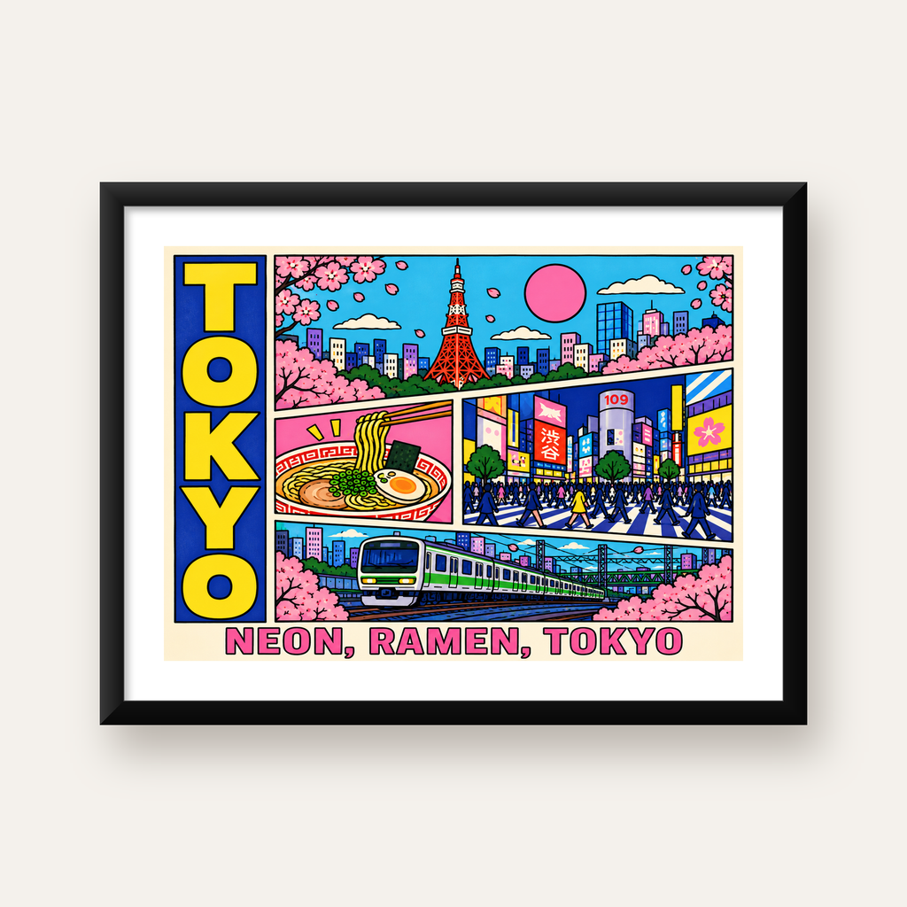 Renkli Tokyo Şehir Manzarası Çizgi Roman Poster — Yatay baskı, beyaz paspartulu