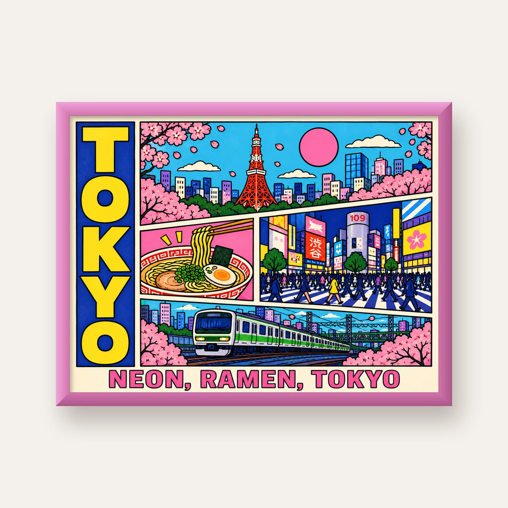 Renkli Tokyo Şehir Manzarası Çizgi Roman Poster — pembe çerçeveli