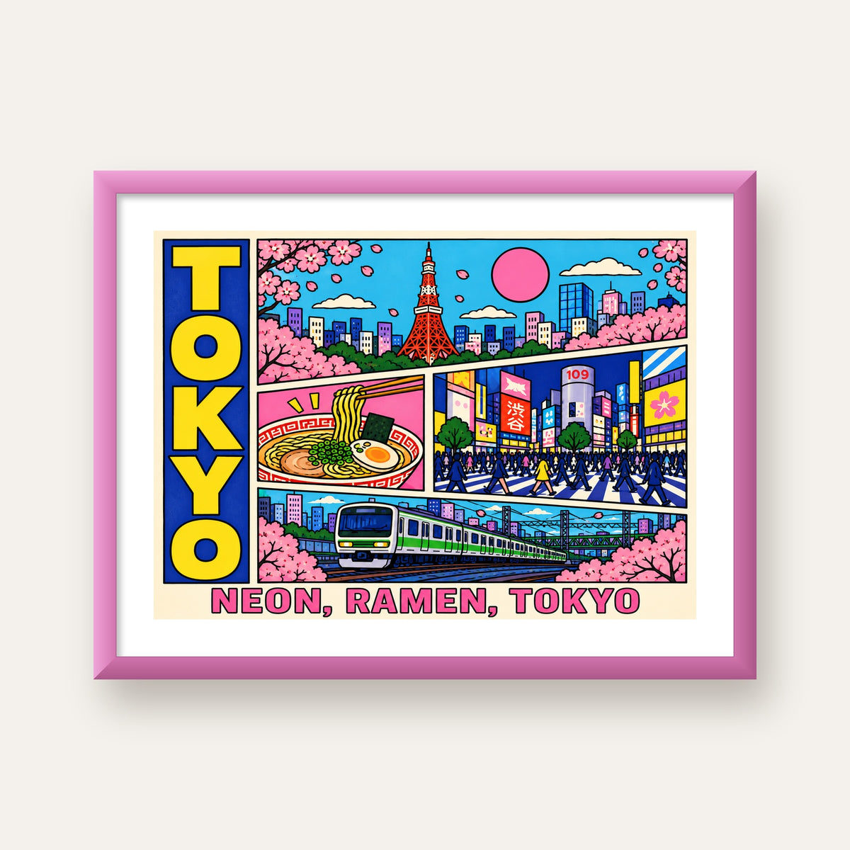 Renkli Tokyo Şehir Manzarası Çizgi Roman Poster — pembe çerçeveli paspartulu