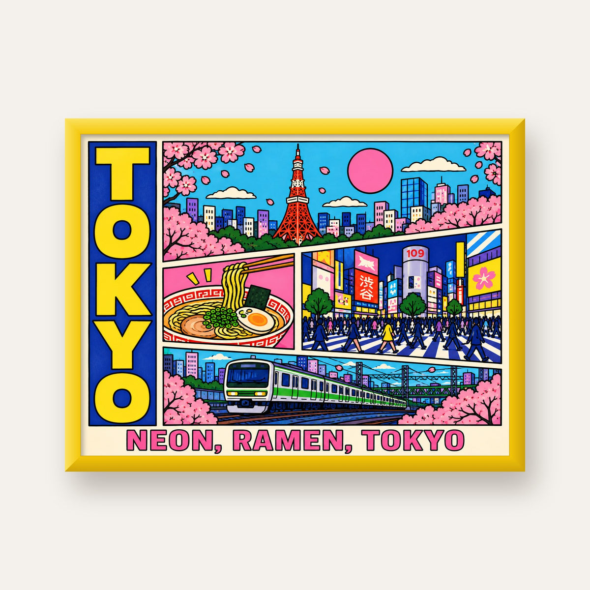 Renkli Tokyo Şehir Manzarası Çizgi Roman Poster — sarı çerçeveli