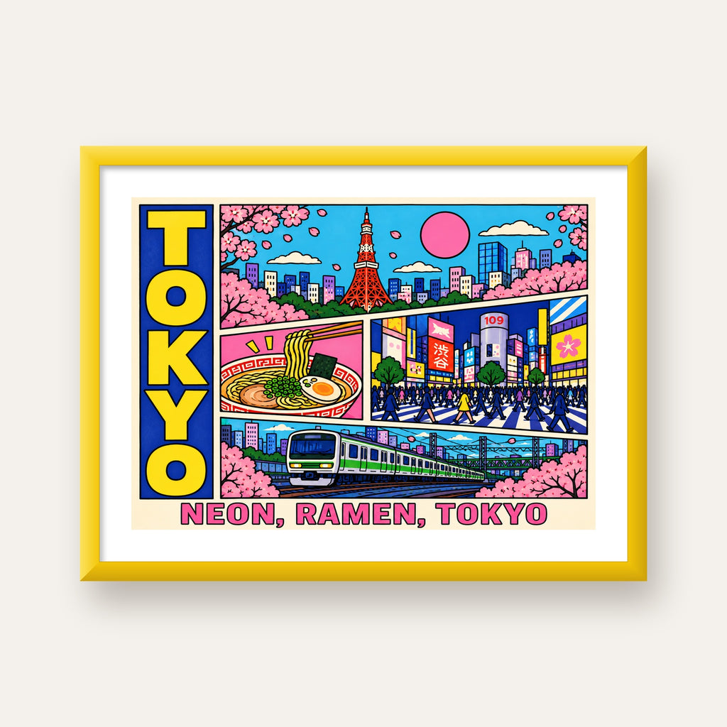 Renkli Tokyo Şehir Manzarası Çizgi Roman Poster — sarı çerçeveli paspartulu