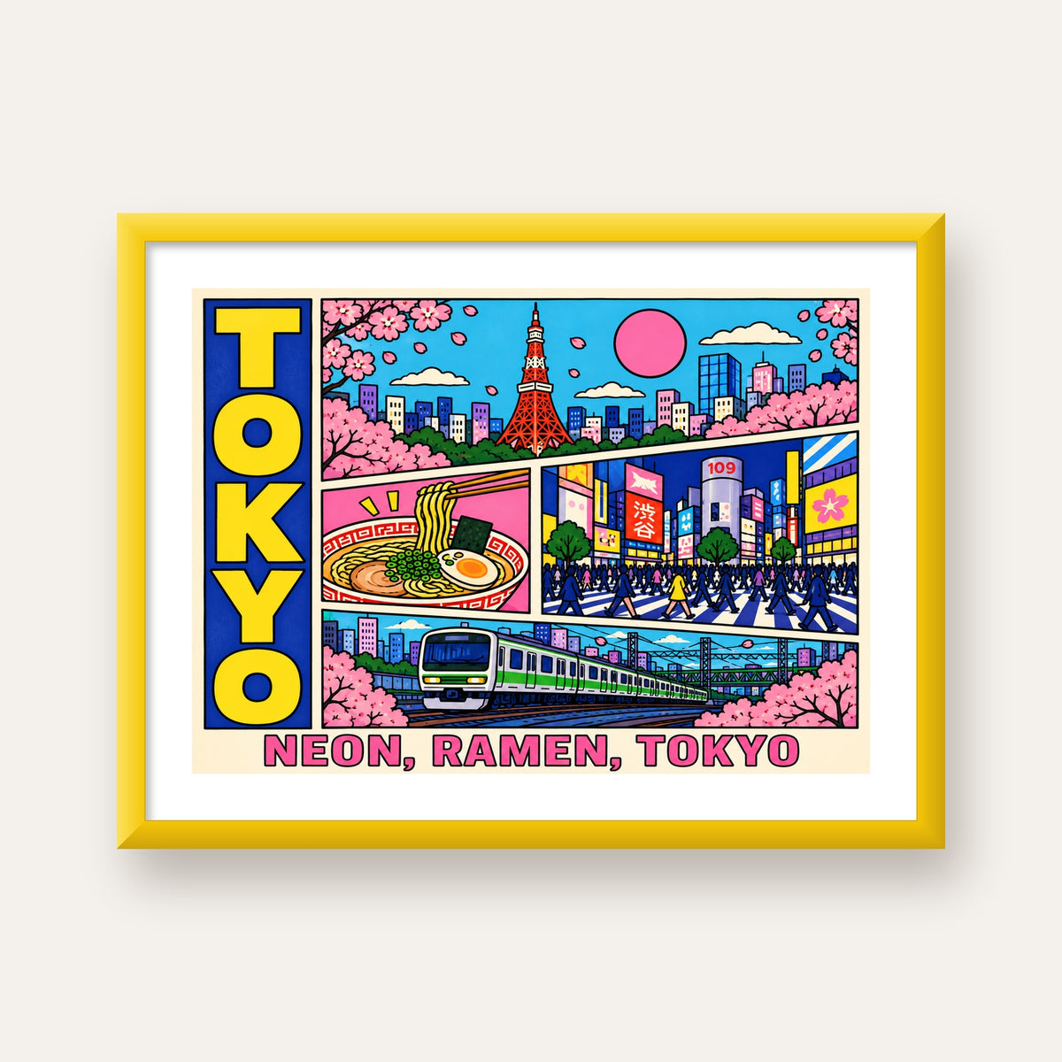 Renkli Tokyo Şehir Manzarası Çizgi Roman Poster — sarı çerçeveli paspartulu