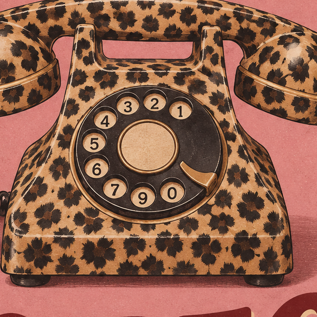 Leopar Desenli Retro Telefon & Tipografik Poster - Too Glam To Beg — baskının yakın çekimi, kâğıt dokusu ve renk detayı