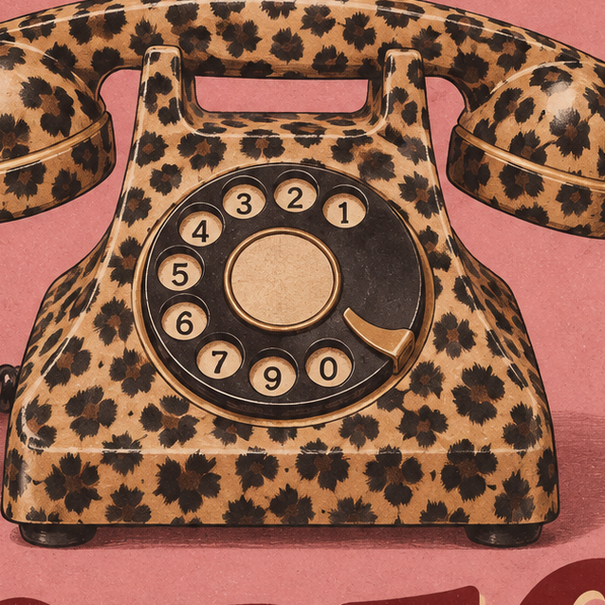 Leopar Desenli Retro Telefon & Tipografik Poster - Too Glam To Beg — baskının yakın çekimi, kâğıt dokusu ve renk detayı
