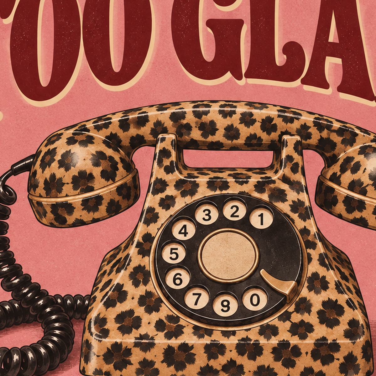 Leopar Desenli Retro Telefon & Tipografik Poster - Too Glam To Beg — baskının yakın çekimi, kâğıt dokusu ve renk detayı