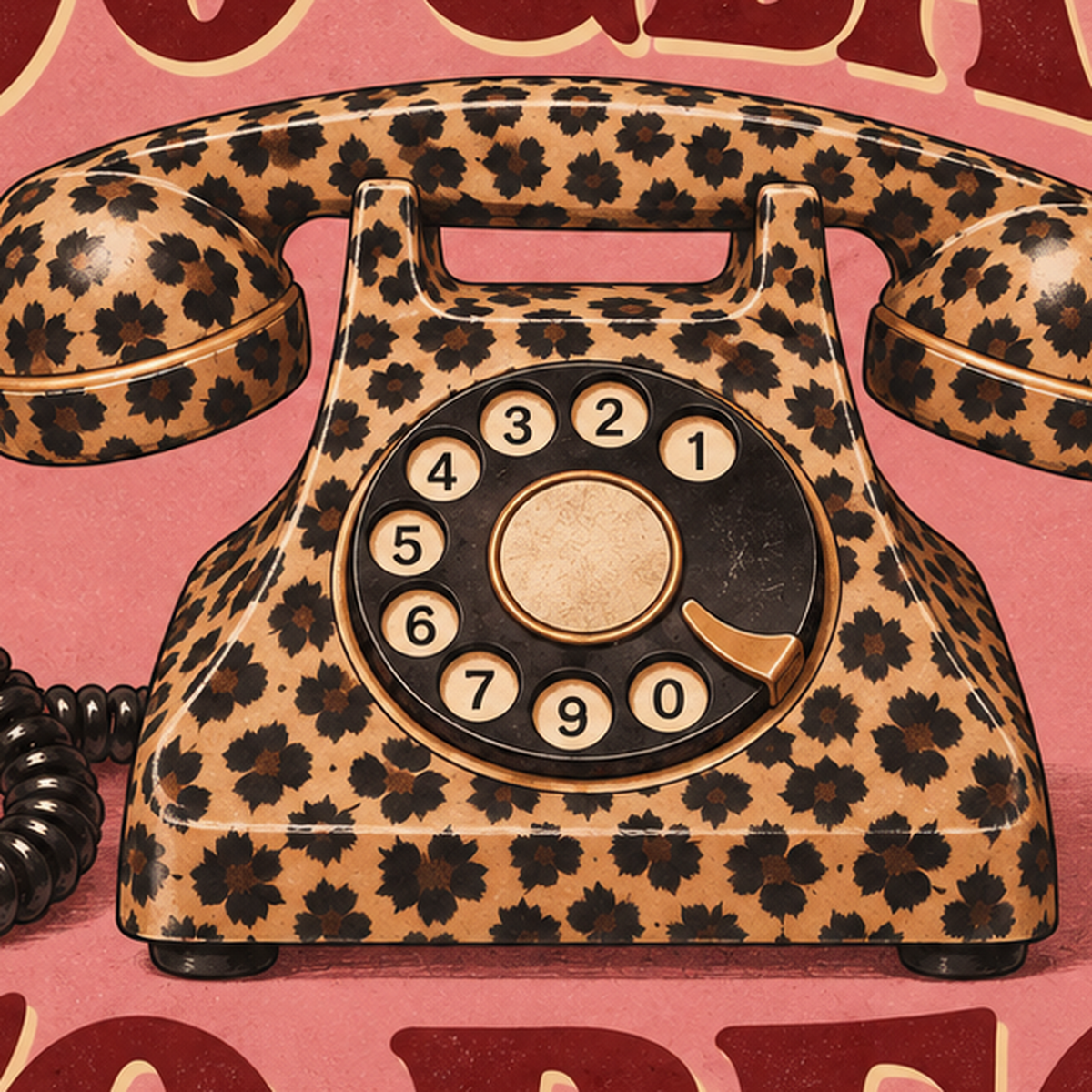 Leopar Desenli Retro Telefon & Tipografik Poster - Too Glam To Beg — baskının yakın çekimi, kâğıt dokusu ve renk detayı