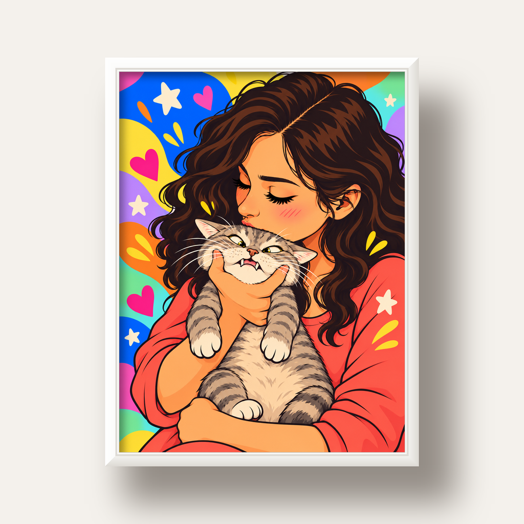 Too Much Love Kedi ve Kadın Renkli Pop Art Poster — beyaz derin çerçeveli