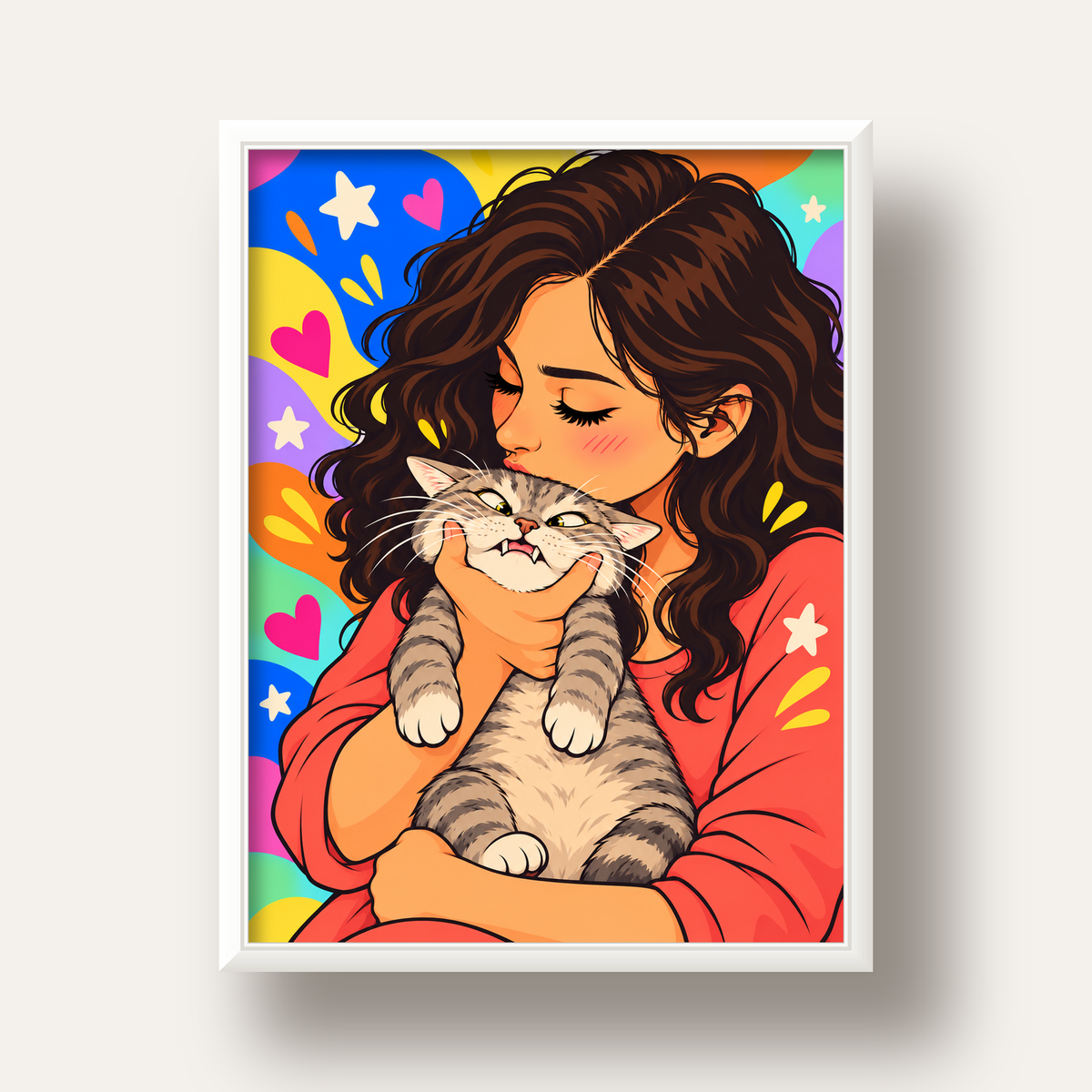 Too Much Love Kedi ve Kadın Renkli Pop Art Poster — beyaz derin çerçeveli