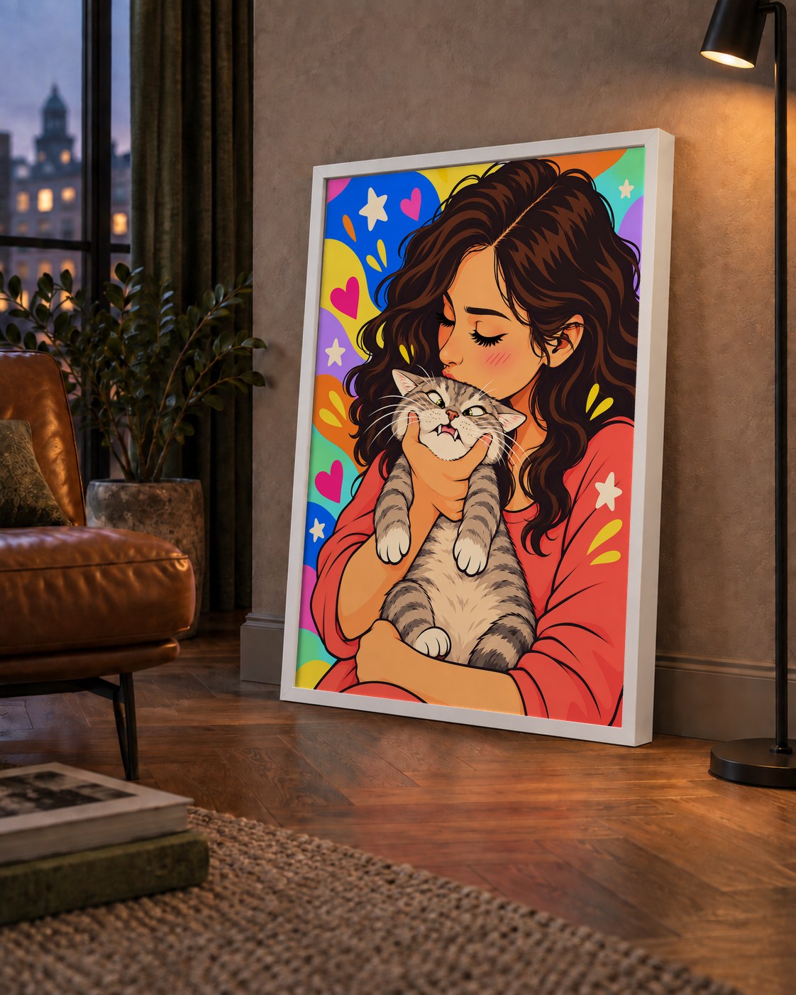 Too Much Love Kedi ve Kadın Renkli Pop Art Poster — çerçeveli hâliyle bir ev duvarında