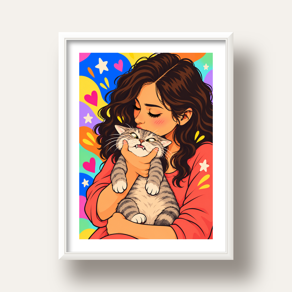 Too Much Love Kedi ve Kadın Renkli Pop Art Poster — beyaz derin çerçeveli paspartulu