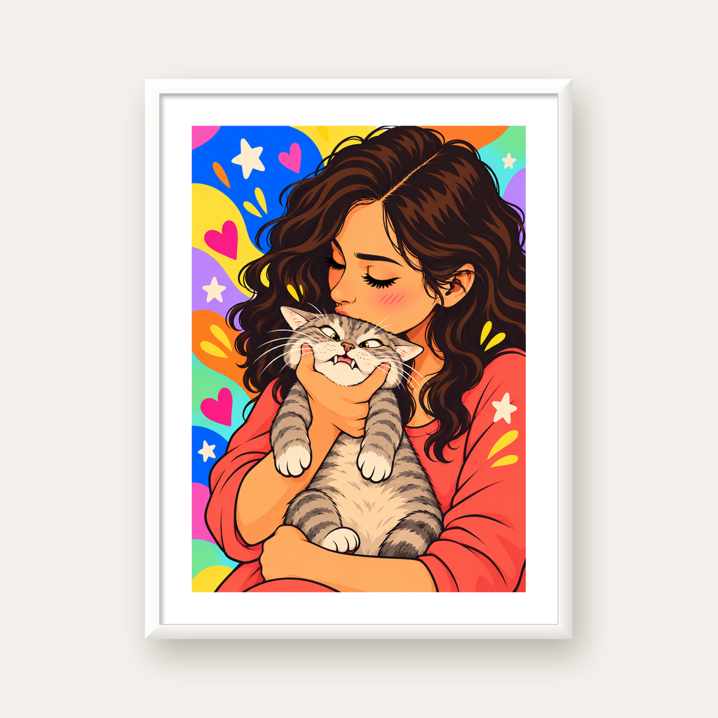 Too Much Love Kedi ve Kadın Renkli Pop Art Poster — beyaz çerçeveli dikey poster