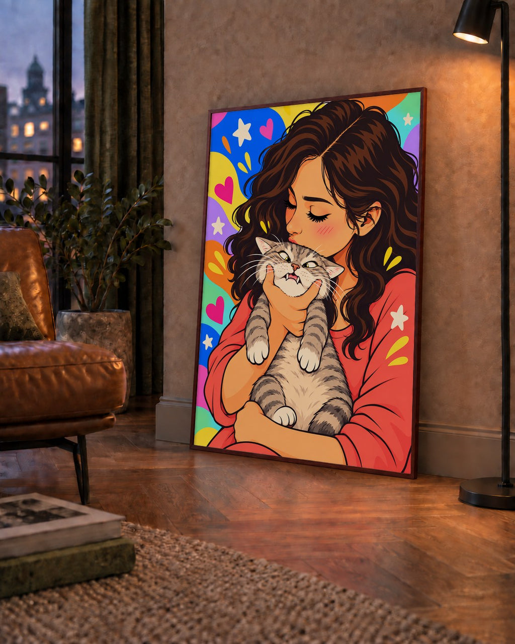 Too Much Love Kedi ve Kadın Renkli Pop Art Poster — çerçeveli hâliyle bir ev duvarında