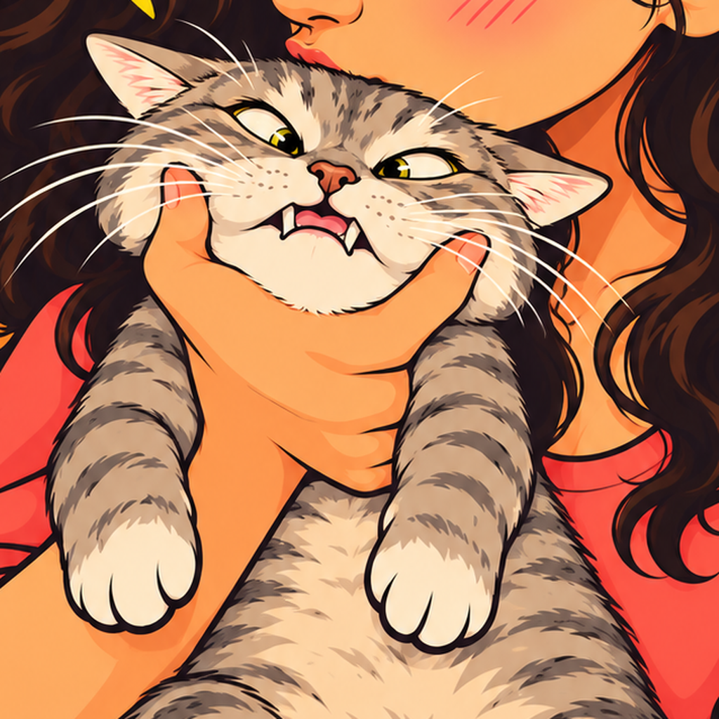 Kız ve Kedi: Renkli Kalpler & Yıldızlar Poster İllüstrasyonu — baskının yakın çekimi, kâğıt dokusu ve renk detayı