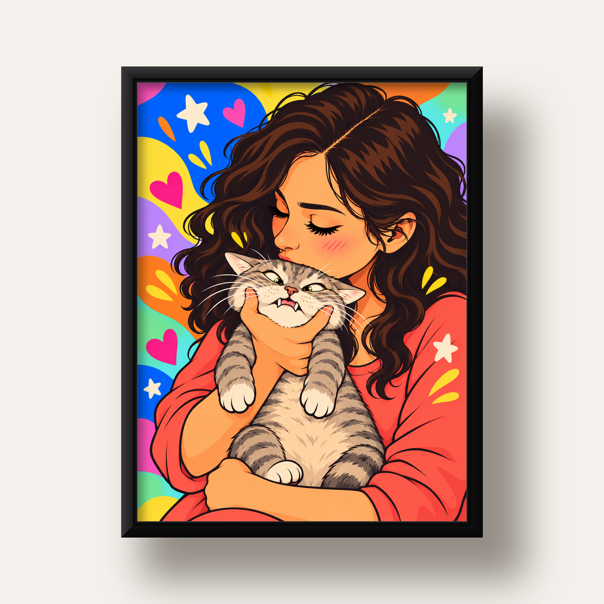 Too Much Love Kedi ve Kadın Renkli Pop Art Poster — siyah derin çerçeveli