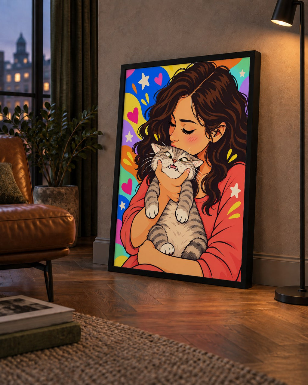 Too Much Love Kedi ve Kadın Renkli Pop Art Poster — çerçeveli hâliyle bir ev duvarında