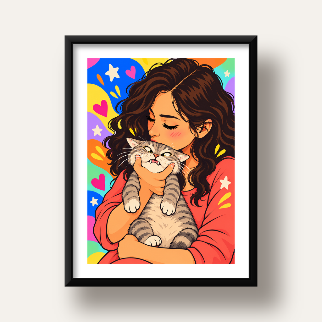 Too Much Love Kedi ve Kadın Renkli Pop Art Poster — siyah derin çerçeveli paspartulu