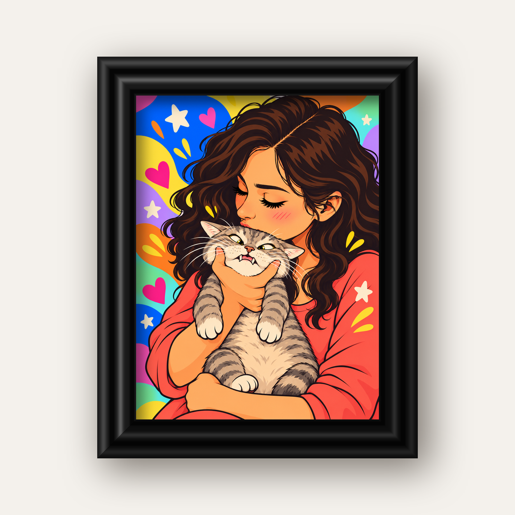 Too Much Love Kedi ve Kadın Renkli Pop Art Poster — siyah galeri çerçeveli