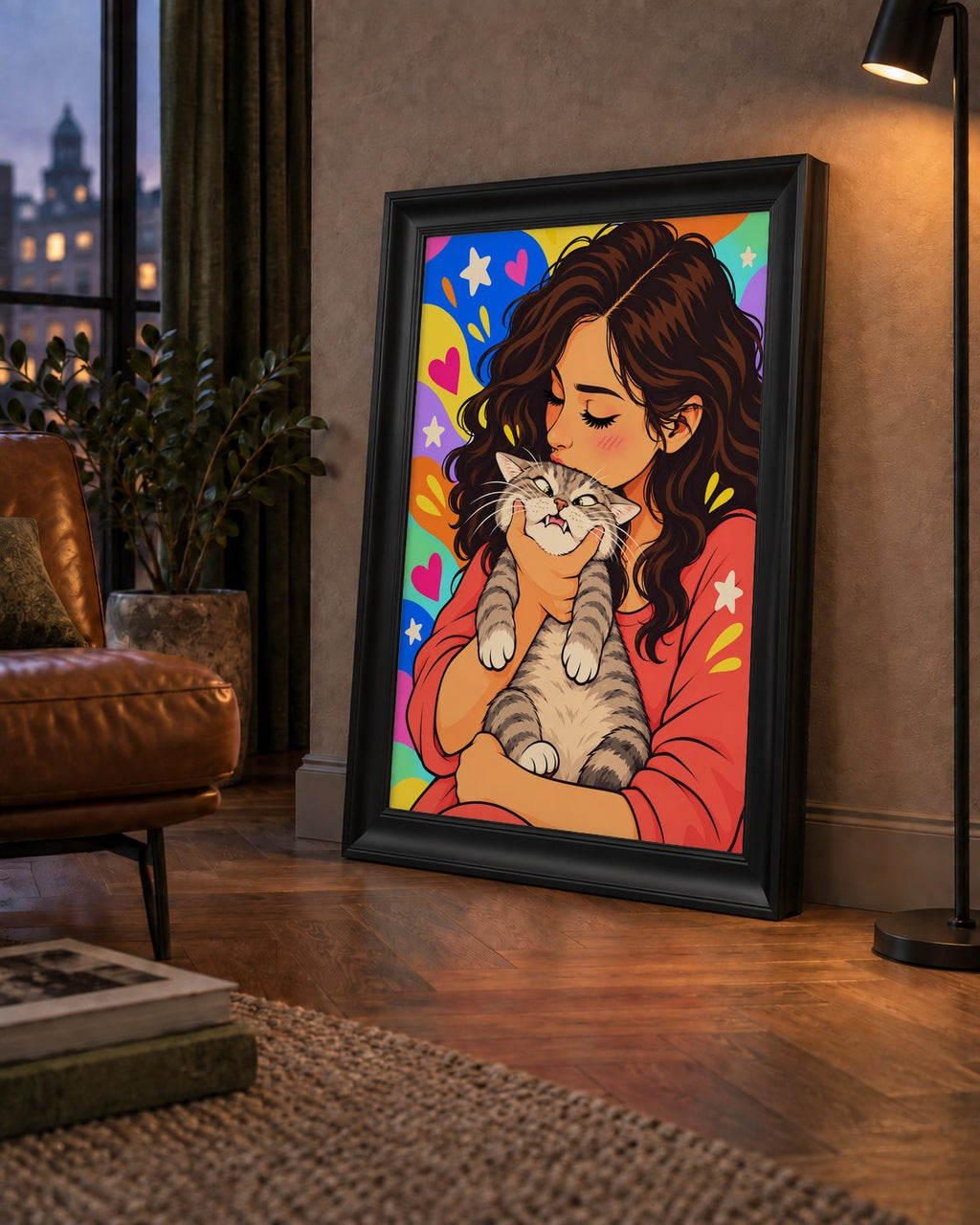 Too Much Love Kedi ve Kadın Renkli Pop Art Poster — çerçeveli hâliyle bir ev duvarında