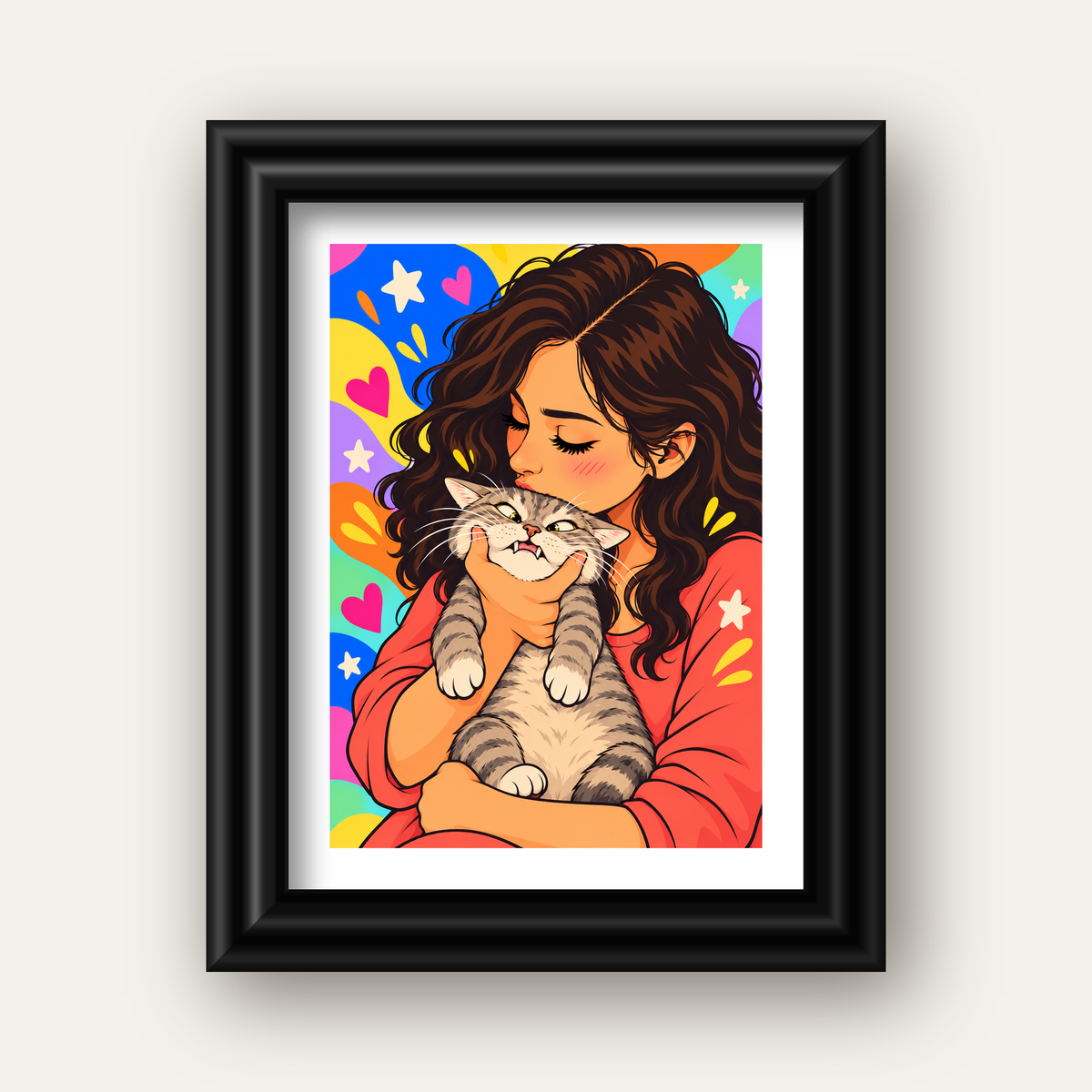 Too Much Love Kedi ve Kadın Renkli Pop Art Poster — siyah galeri çerçeveli paspartulu