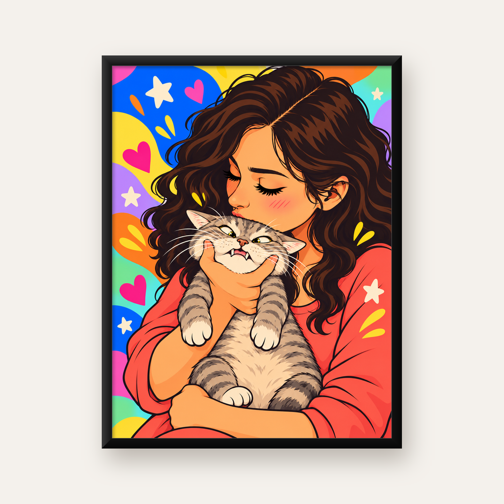 Kız ve Kedi: Renkli Kalpler & Yıldızlar Poster İllüstrasyonu — Dikey baskı, düz siyah çerçeveli duvar posteri