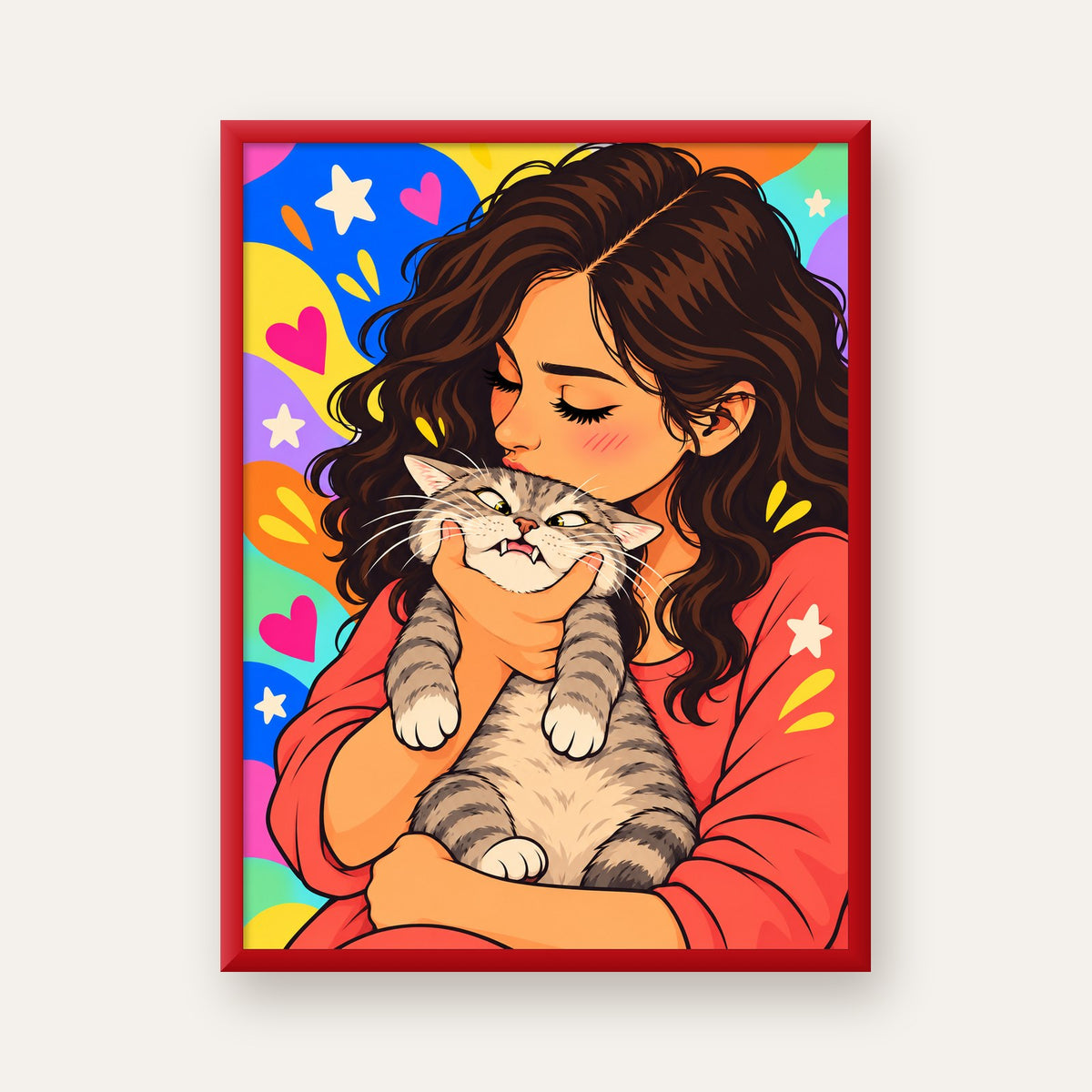 Too Much Love Kedi ve Kadın Renkli Pop Art Poster — kırmızı çerçeveli