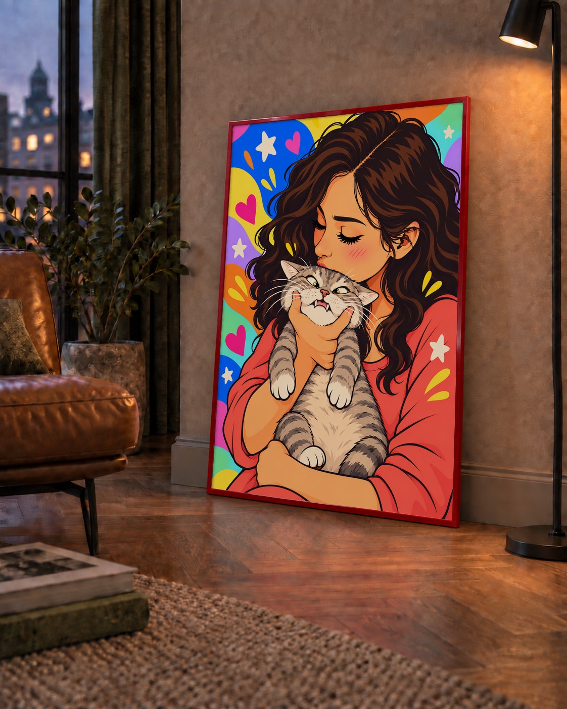 Too Much Love Kedi ve Kadın Renkli Pop Art Poster — çerçeveli hâliyle bir ev duvarında