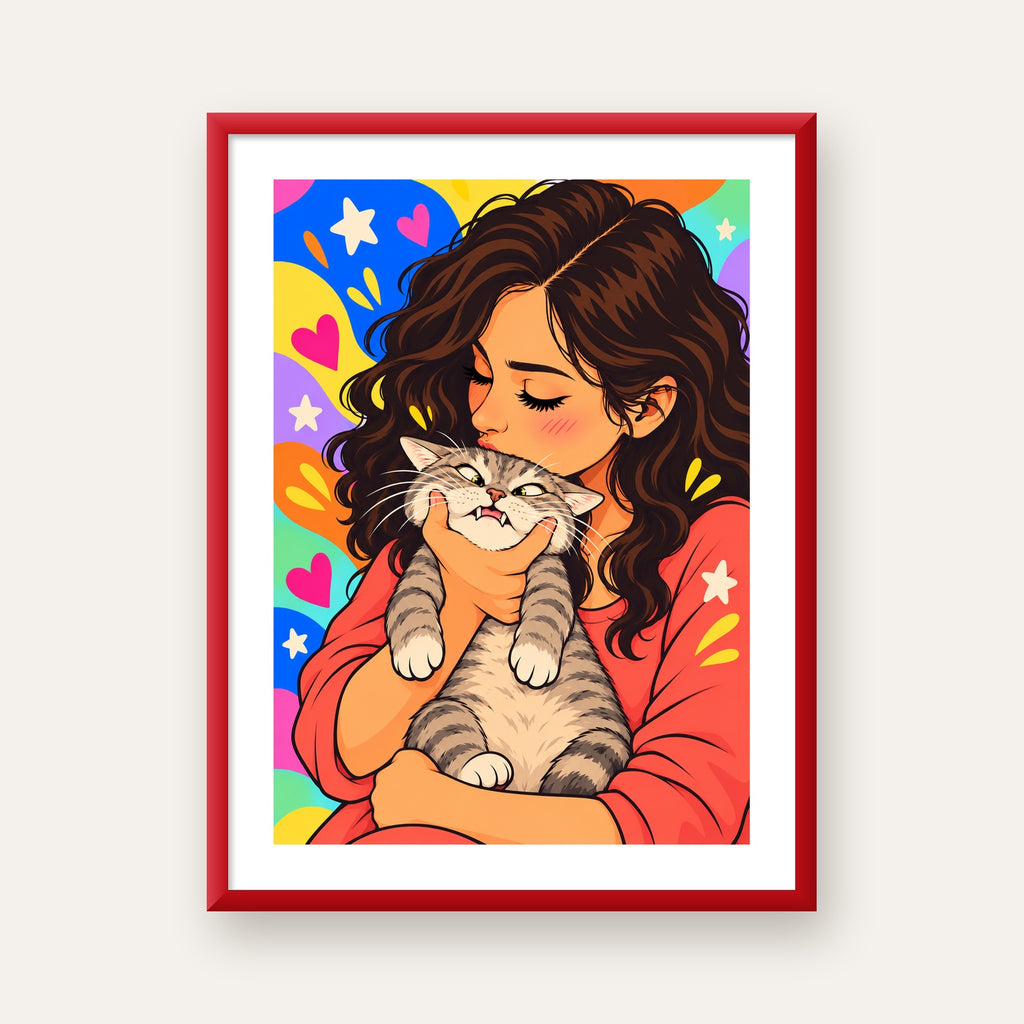 Too Much Love Kedi ve Kadın Renkli Pop Art Poster — kırmızı çerçeveli paspartulu