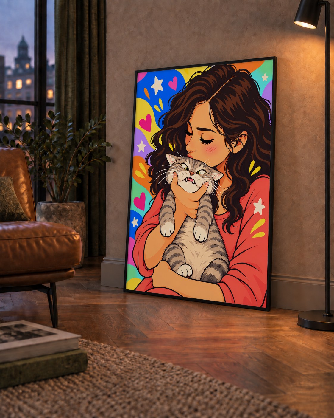 Too Much Love Kedi ve Kadın Renkli Pop Art Poster — çerçeveli hâliyle bir ev duvarında