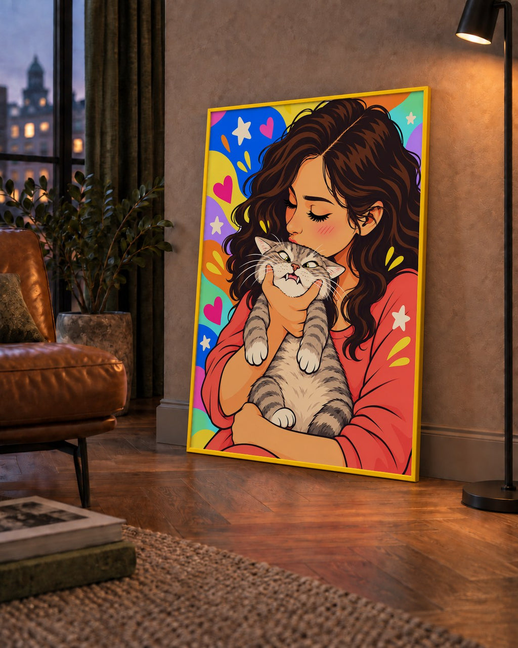 Too Much Love Kedi ve Kadın Renkli Pop Art Poster — çerçeveli hâliyle bir ev duvarında