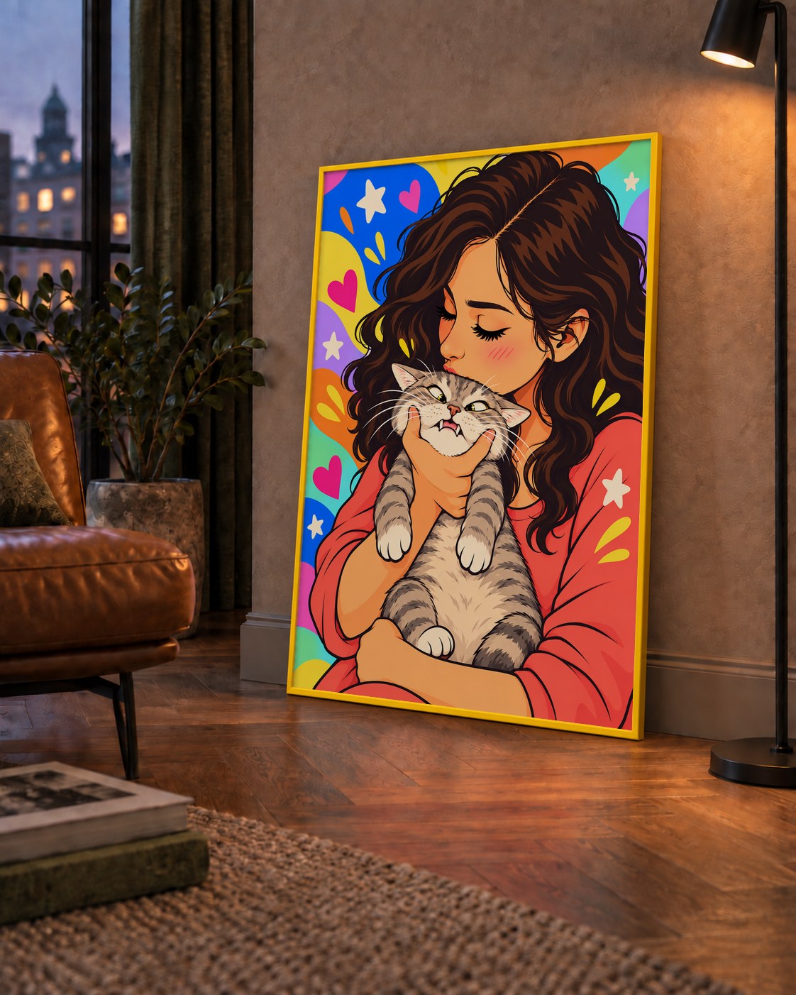 Too Much Love Kedi ve Kadın Renkli Pop Art Poster — çerçeveli hâliyle bir ev duvarında