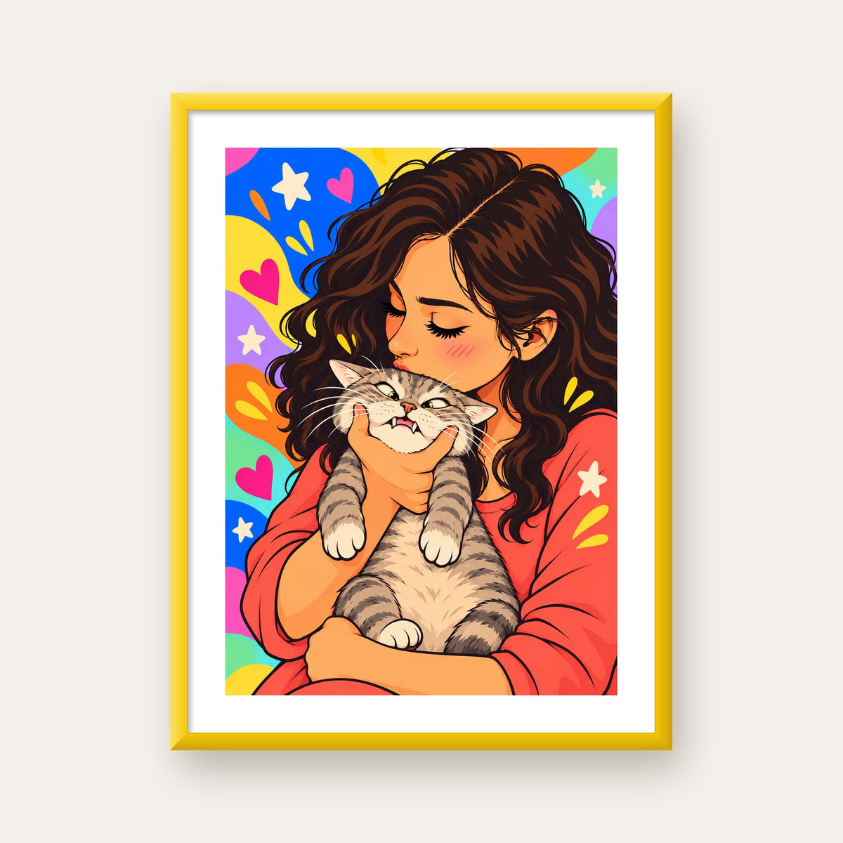Too Much Love Kedi ve Kadın Renkli Pop Art Poster — sarı çerçeveli paspartulu