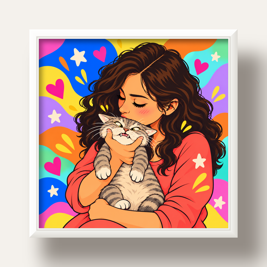 Too Much Love Kedi ve Kadın Renkli Pop Art Poster — beyaz derin çerçeveli