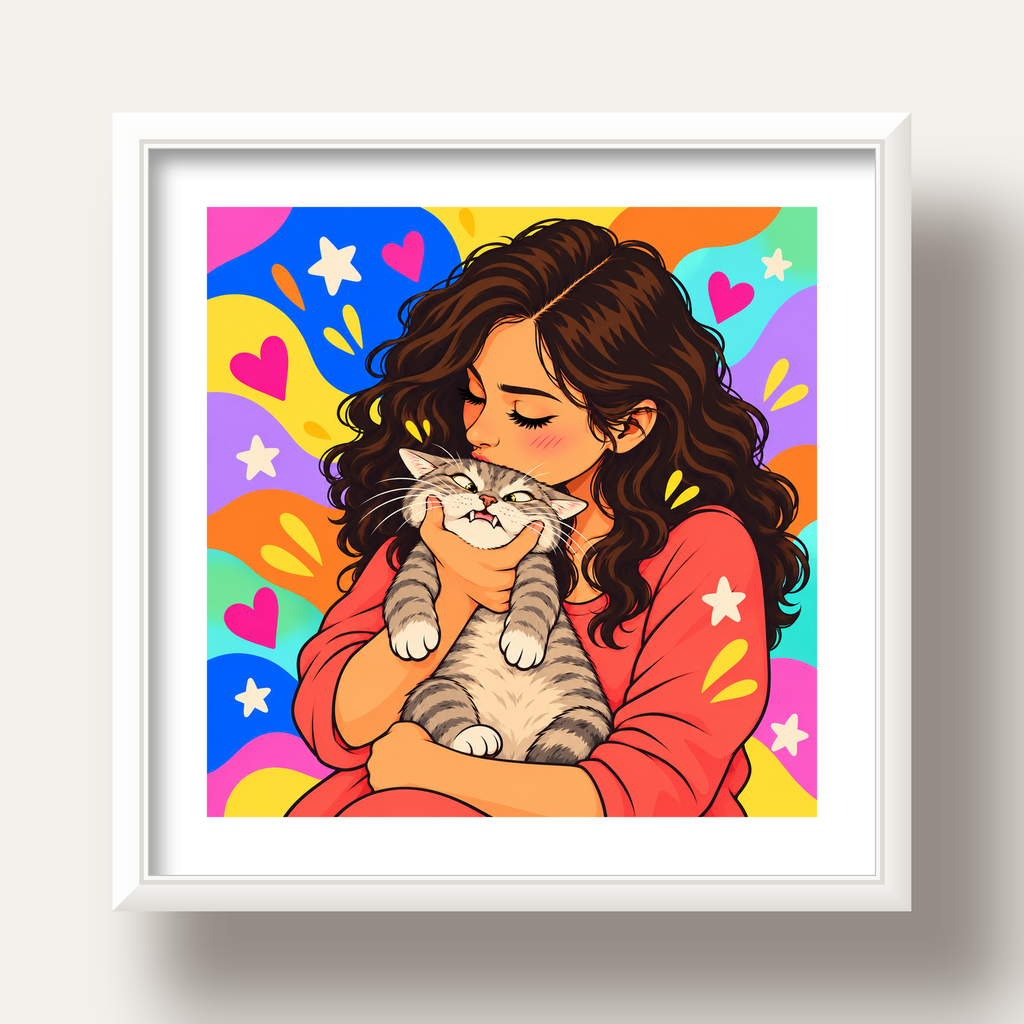 Too Much Love Kedi ve Kadın Renkli Pop Art Poster — beyaz derin çerçeveli paspartulu