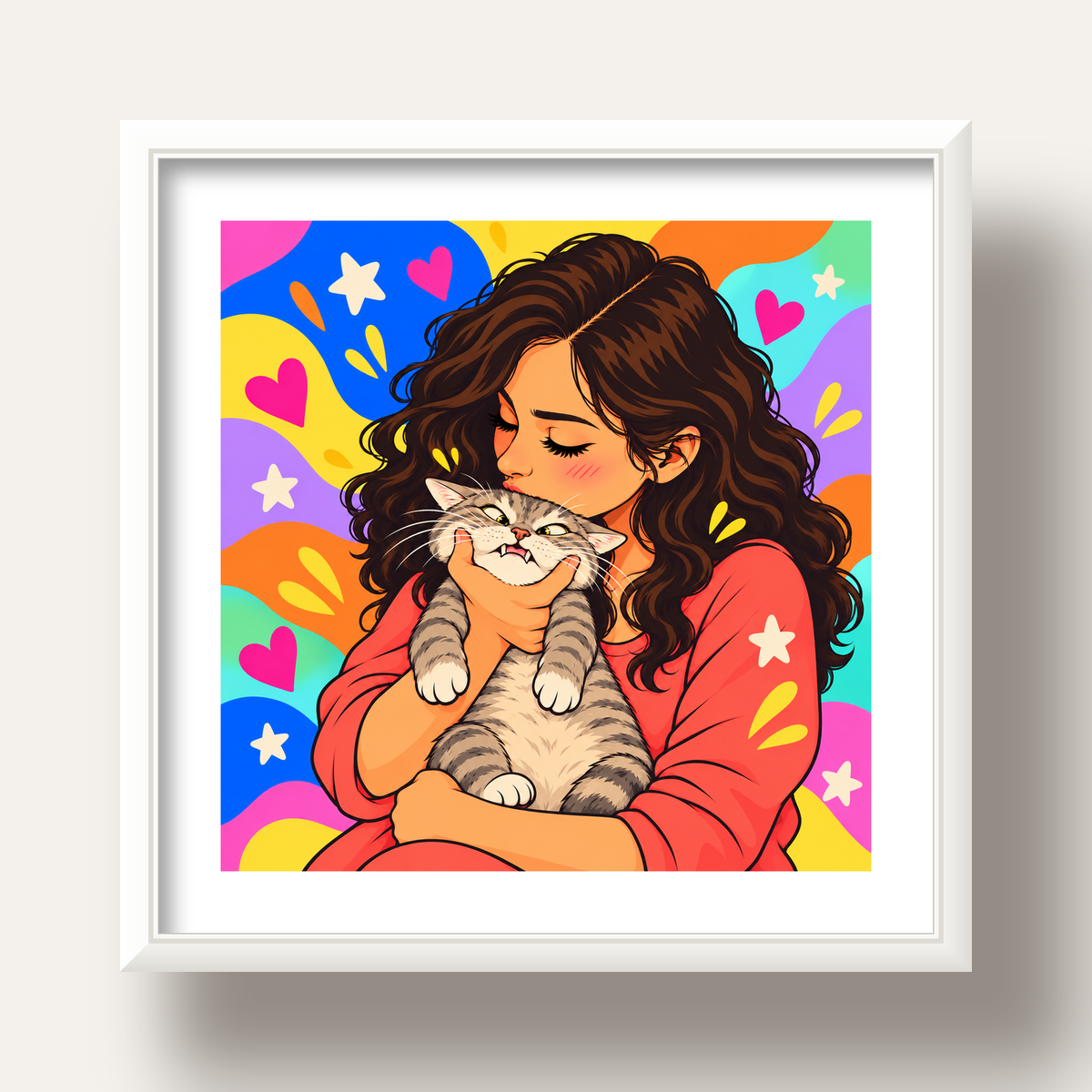 Too Much Love Kedi ve Kadın Renkli Pop Art Poster — beyaz derin çerçeveli paspartulu