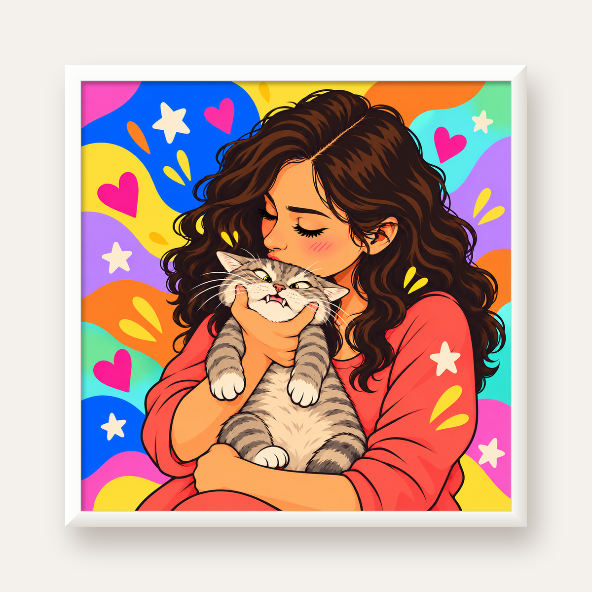 Too Much Love Kedi ve Kadın Renkli Pop Art Poster — beyaz çerçeveli kare poster