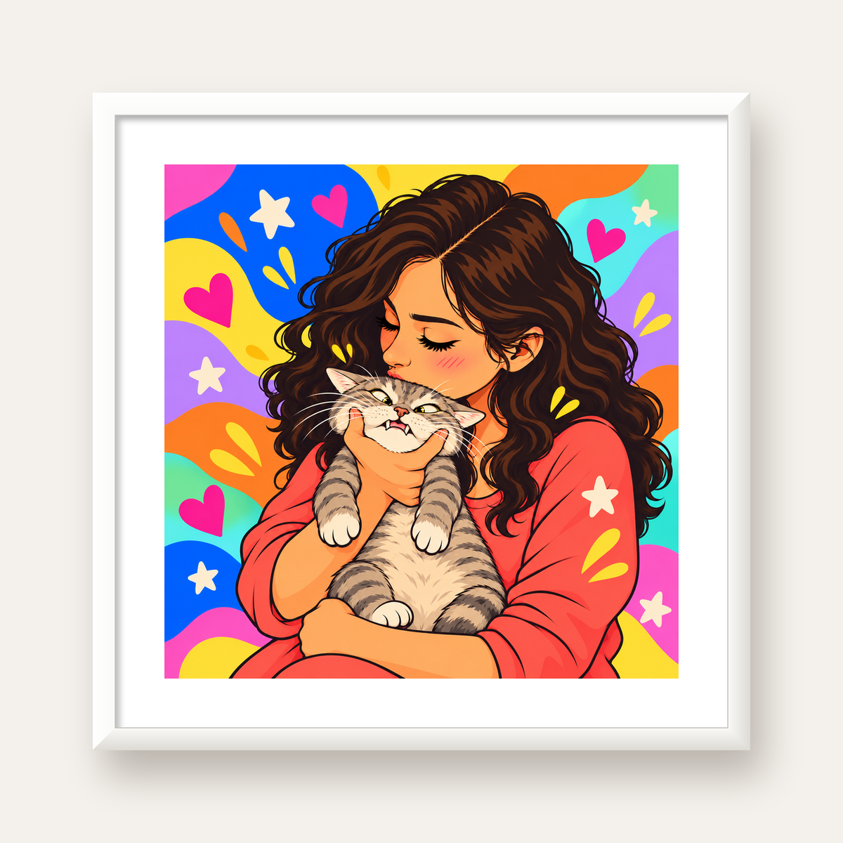 Too Much Love Kedi ve Kadın Renkli Pop Art Poster — beyaz çerçeveli kare poster