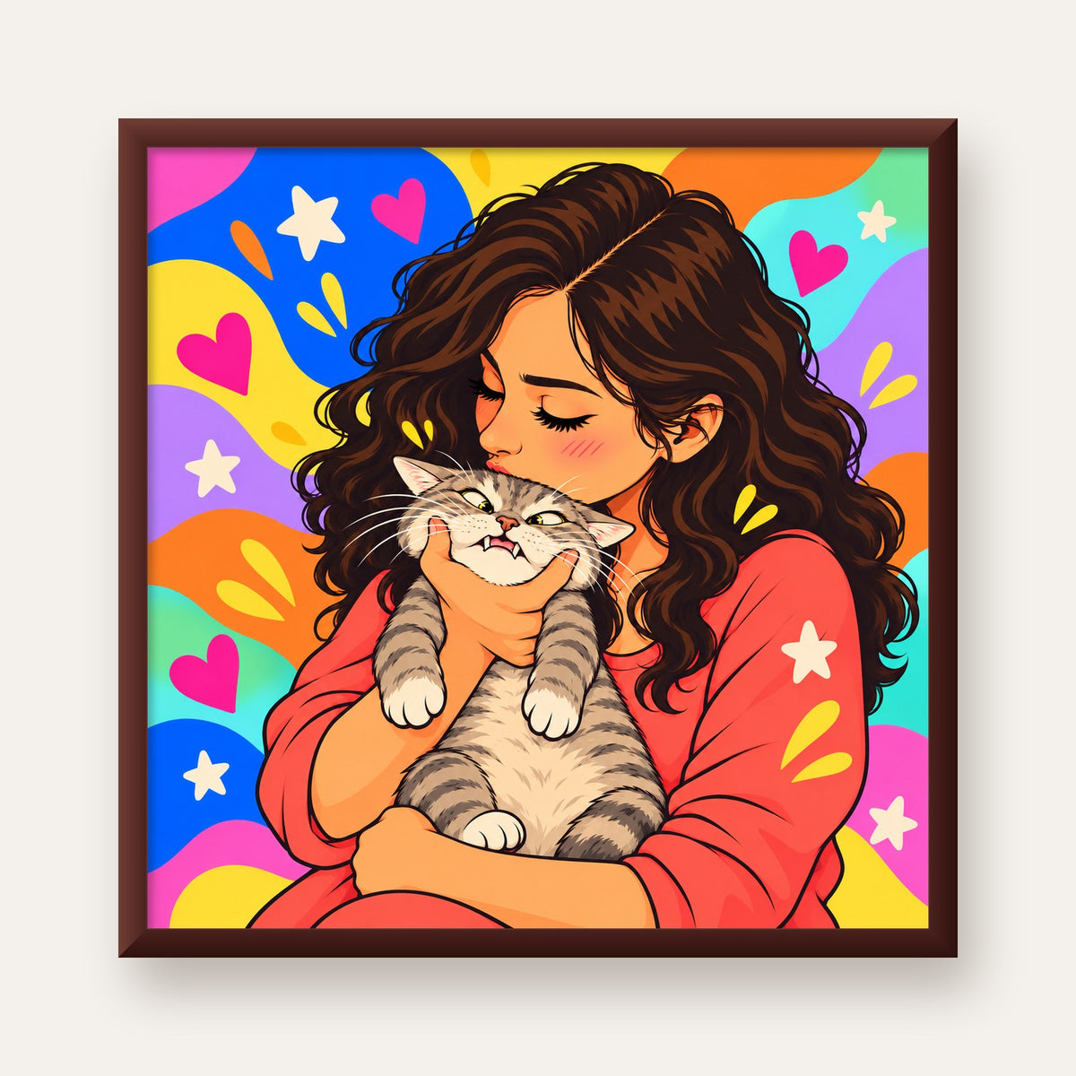 Too Much Love Kedi ve Kadın Renkli Pop Art Poster — ceviz çerçeveli