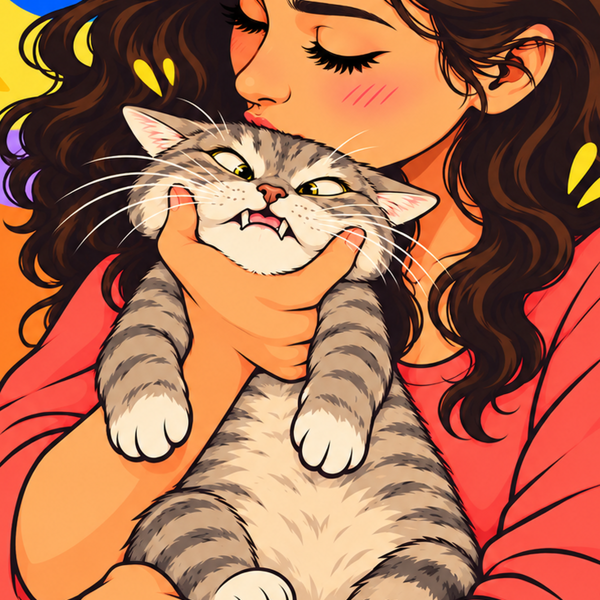 Kız ve Kedi: Renkli Kalpler & Yıldızlar Poster İllüstrasyonu — baskının yakın çekimi, kâğıt dokusu ve renk detayı