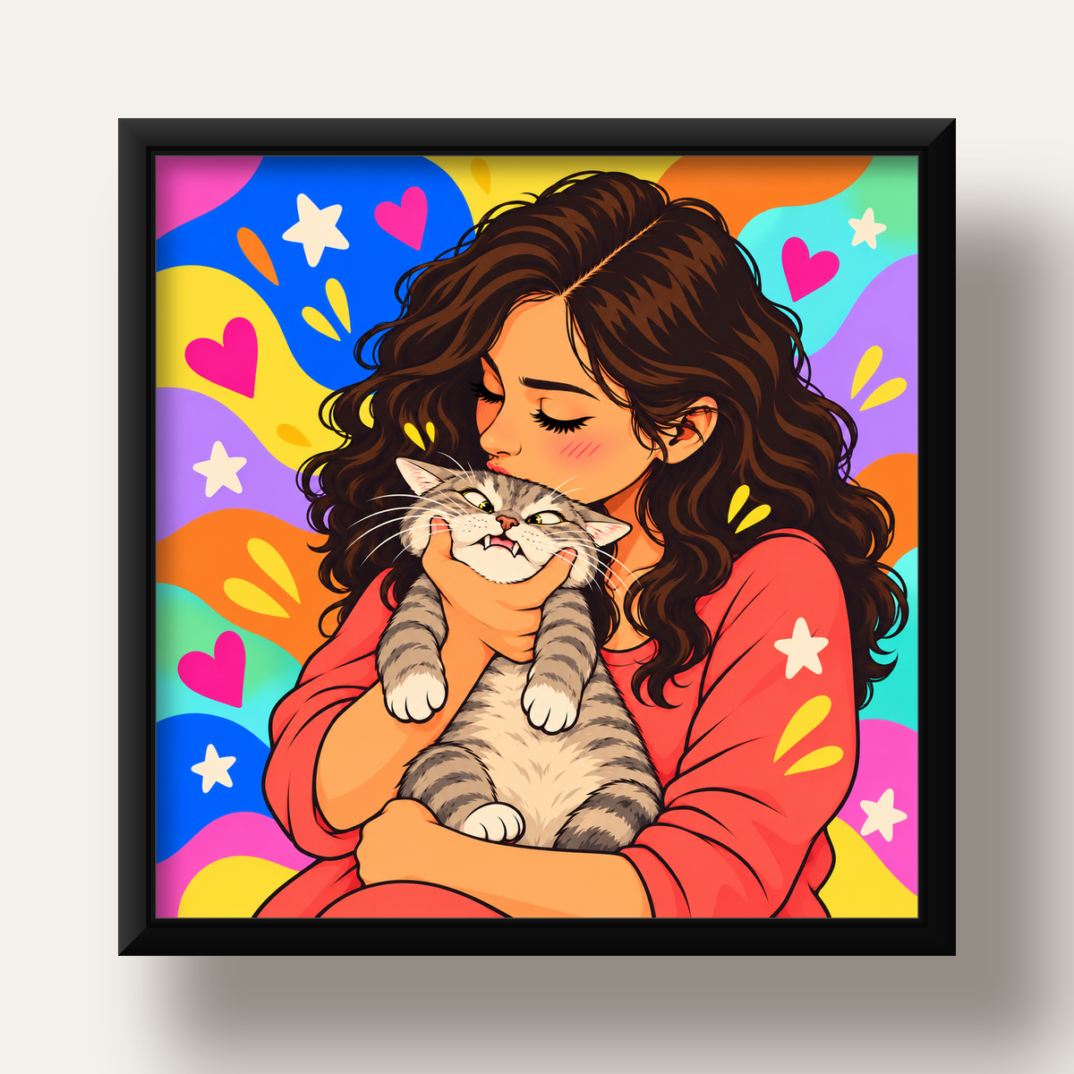 Too Much Love Kedi ve Kadın Renkli Pop Art Poster — siyah derin çerçeveli