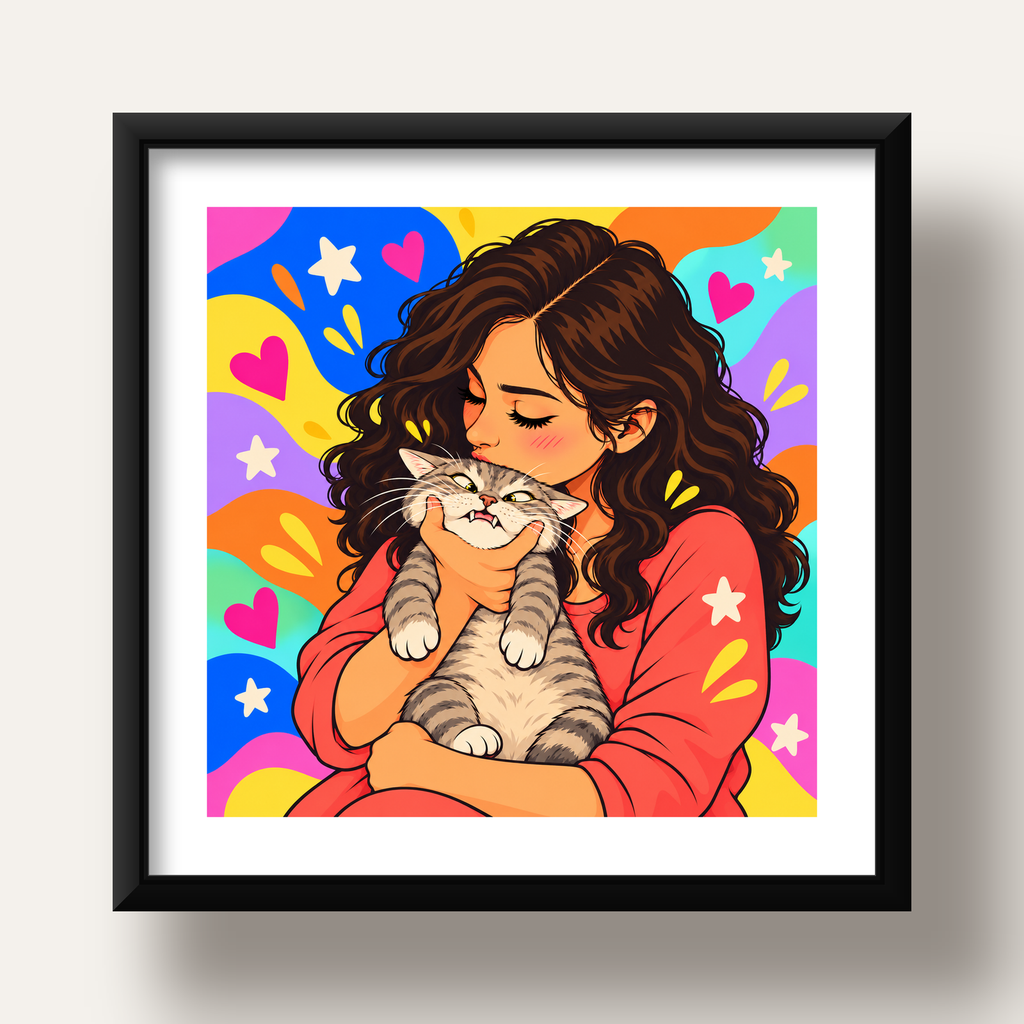 Too Much Love Kedi ve Kadın Renkli Pop Art Poster — siyah derin çerçeveli paspartulu