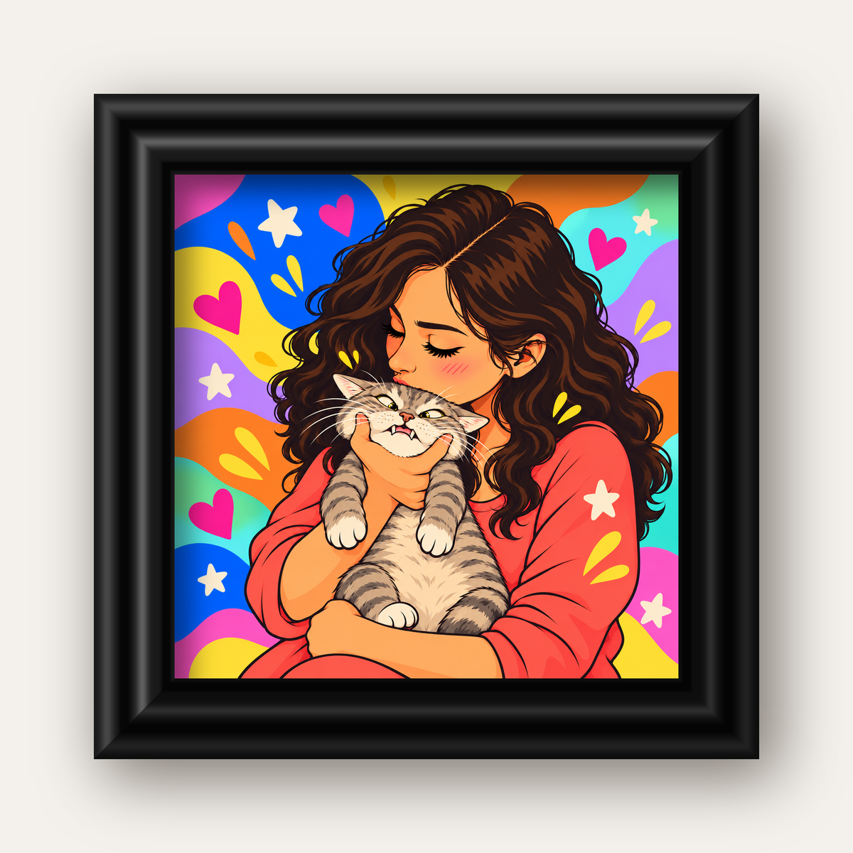 Too Much Love Kedi ve Kadın Renkli Pop Art Poster — siyah galeri çerçeveli