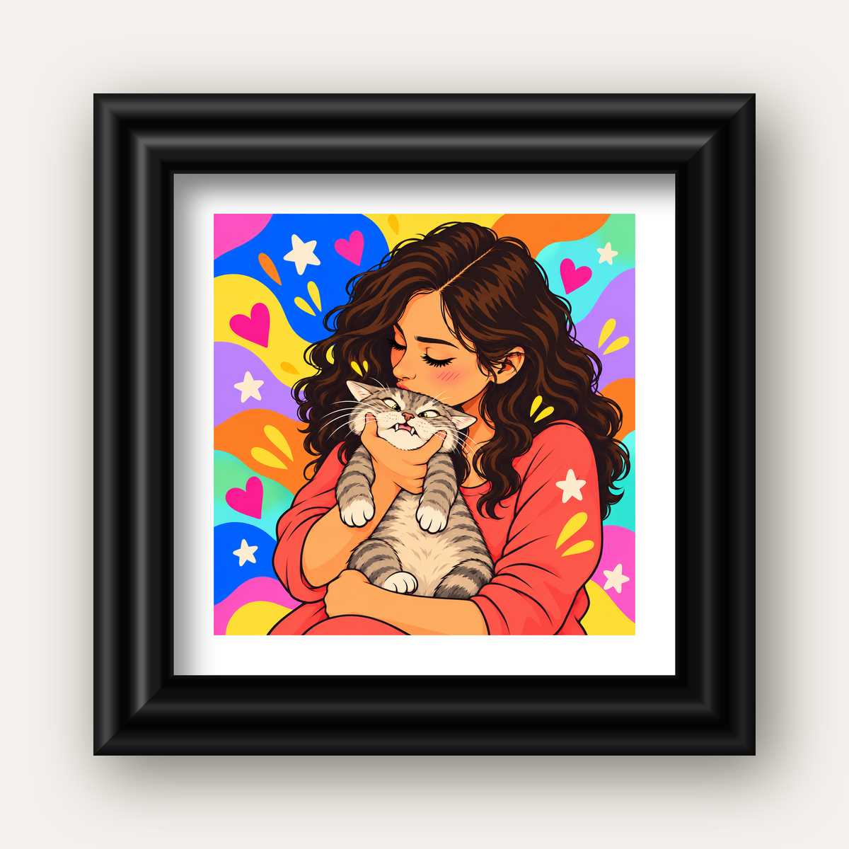Too Much Love Kedi ve Kadın Renkli Pop Art Poster — siyah galeri çerçeveli paspartulu