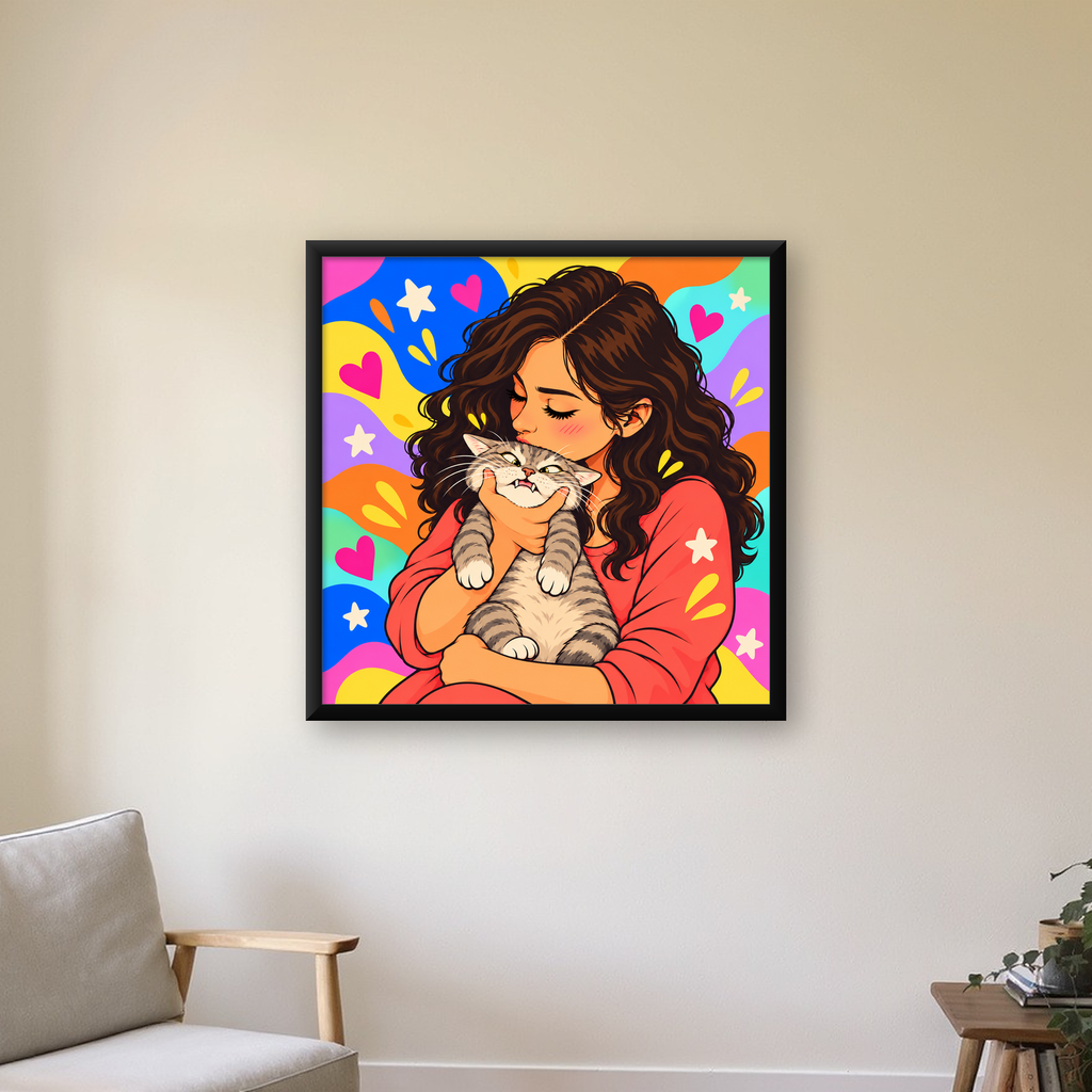 Kız ve Kedi: Renkli Kalpler & Yıldızlar Poster İllüstrasyonu — Kare baskı, çerçeveli hâliyle bir ev duvarında