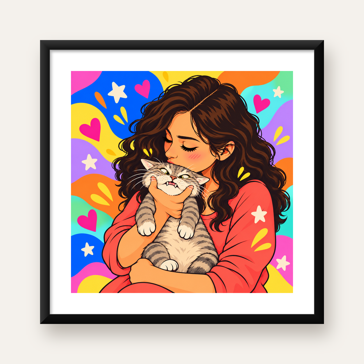 Kız ve Kedi: Renkli Kalpler & Yıldızlar Poster İllüstrasyonu — Kare baskı, beyaz kenar boşluklu