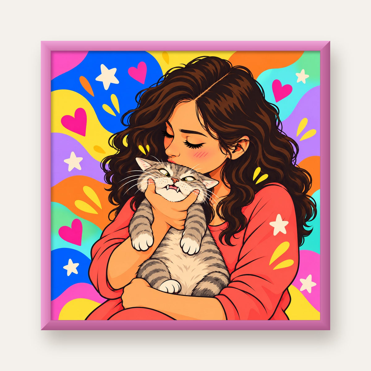 Too Much Love Kedi ve Kadın Renkli Pop Art Poster — pembe çerçeveli