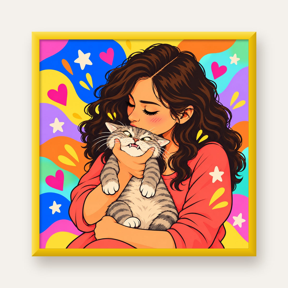 Too Much Love Kedi ve Kadın Renkli Pop Art Poster — sarı çerçeveli