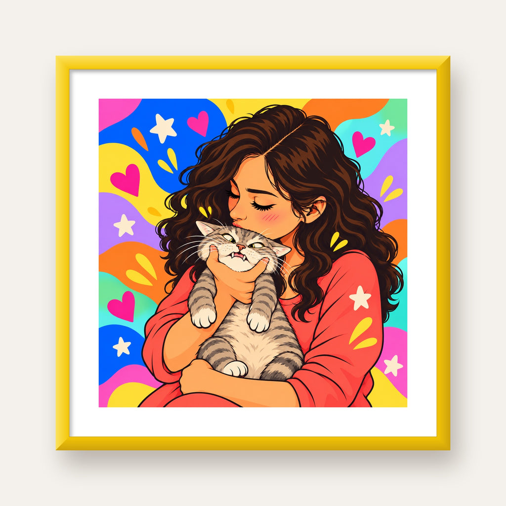 Too Much Love Kedi ve Kadın Renkli Pop Art Poster — sarı çerçeveli paspartulu
