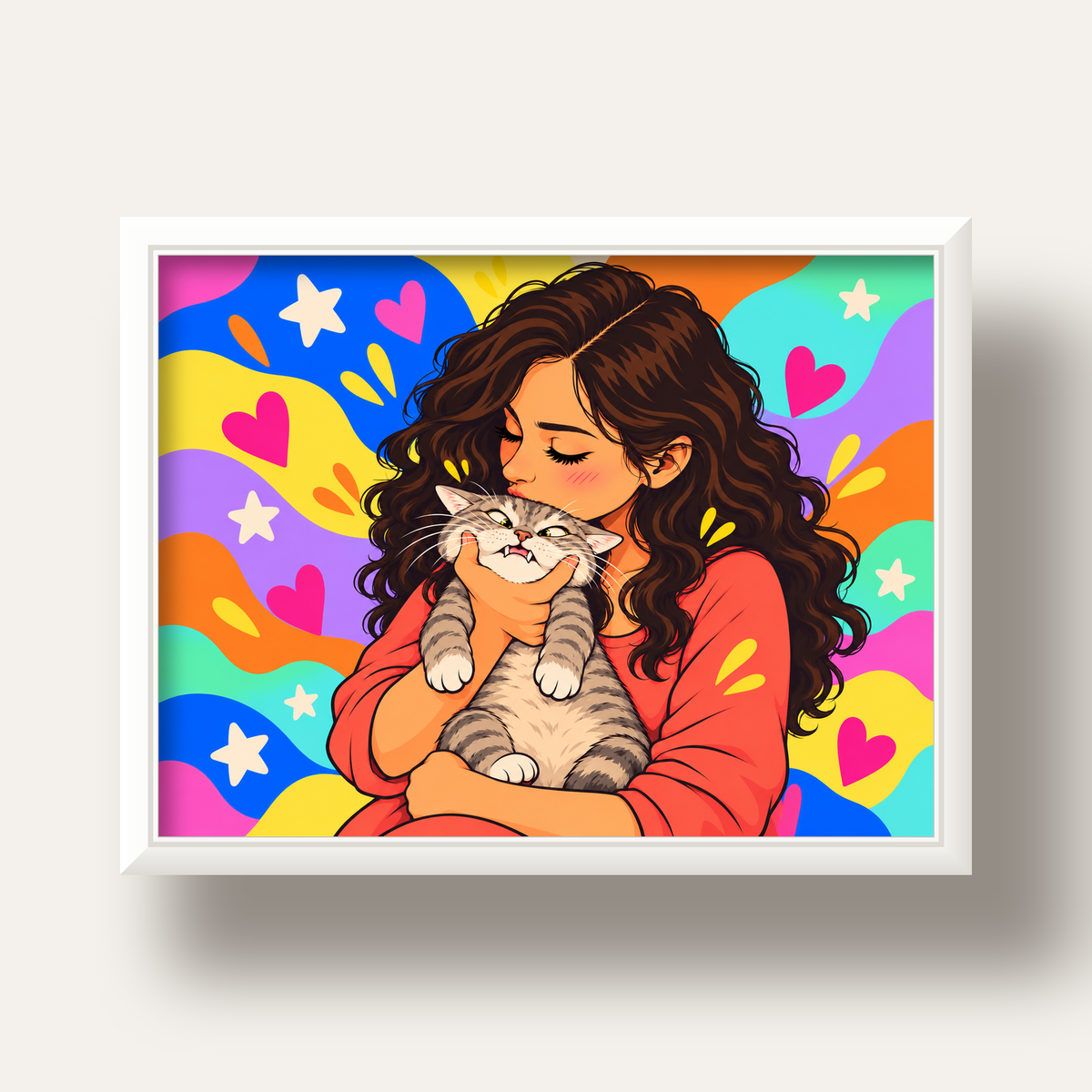 Too Much Love Kedi ve Kadın Renkli Pop Art Poster — beyaz derin çerçeveli