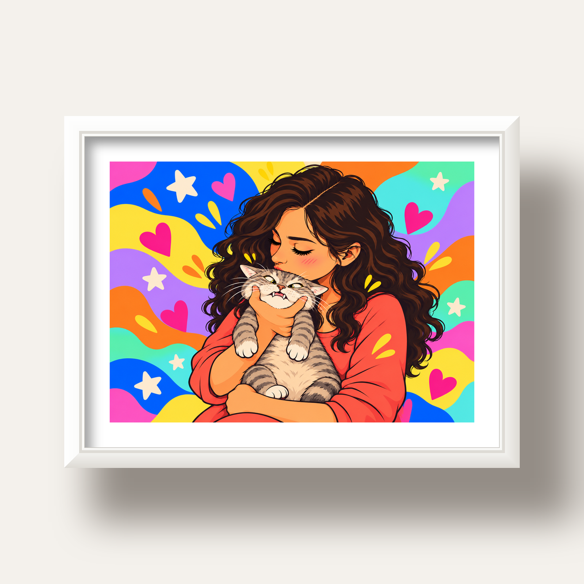 Too Much Love Kedi ve Kadın Renkli Pop Art Poster — beyaz derin çerçeveli paspartulu